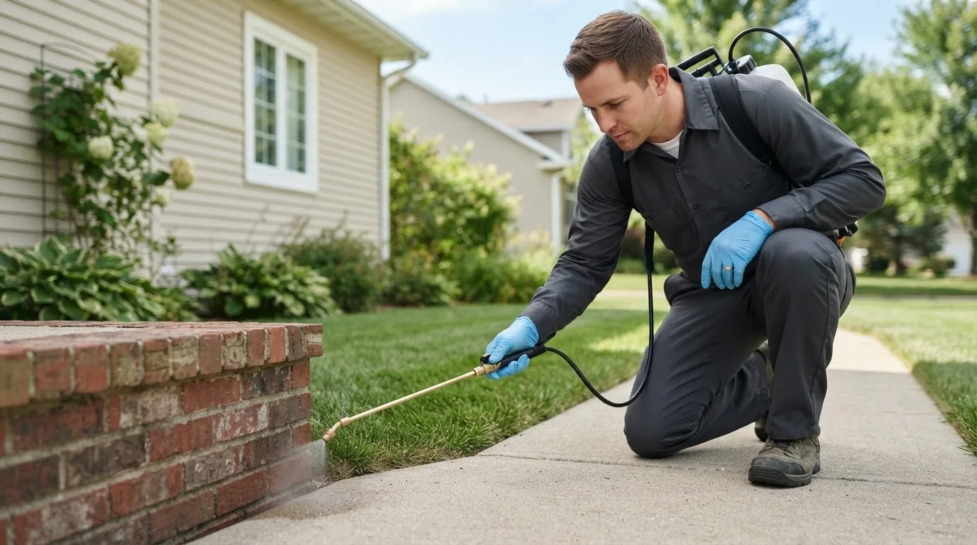 Pest control technician treating a home near Denton, MD